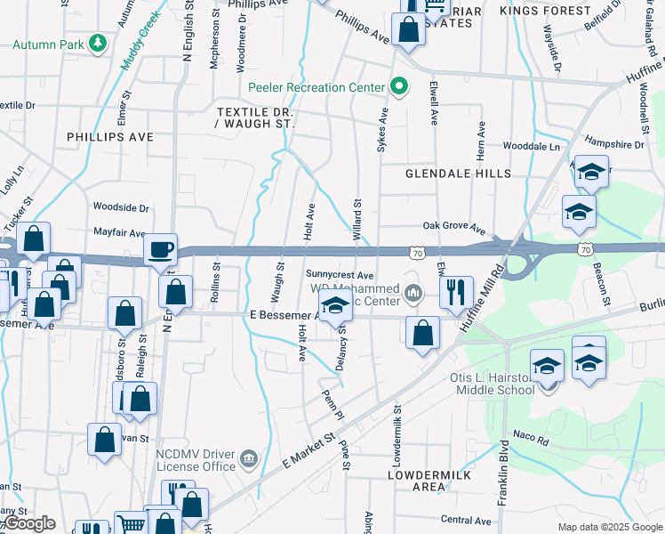 map of restaurants, bars, coffee shops, grocery stores, and more near 3465 Sunnycrest Avenue in Greensboro