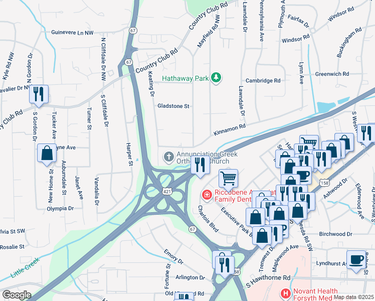 map of restaurants, bars, coffee shops, grocery stores, and more near 3404 Kinnamon Road in Winston-Salem