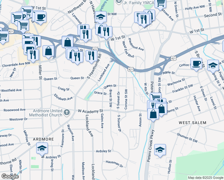 map of restaurants, bars, coffee shops, grocery stores, and more near 415 Brent Street Southwest in Winston-Salem