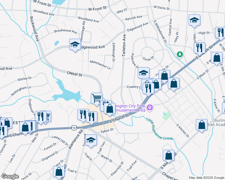 map of restaurants, bars, coffee shops, grocery stores, and more near 517 Country Club Drive in Burlington