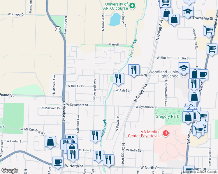 map of restaurants, bars, coffee shops, grocery stores, and more near 1838 North Scull Creek Drive in Fayetteville