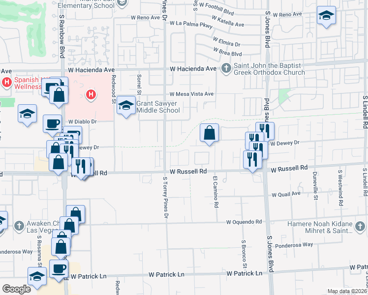 map of restaurants, bars, coffee shops, grocery stores, and more near 6462 Estrella Hills Avenue in Las Vegas