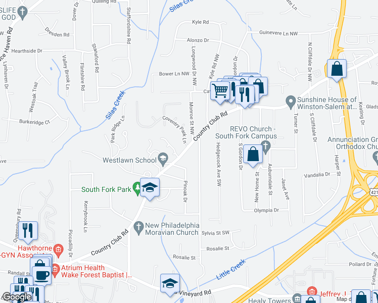map of restaurants, bars, coffee shops, grocery stores, and more near 4214 Country Club Road in Winston-Salem