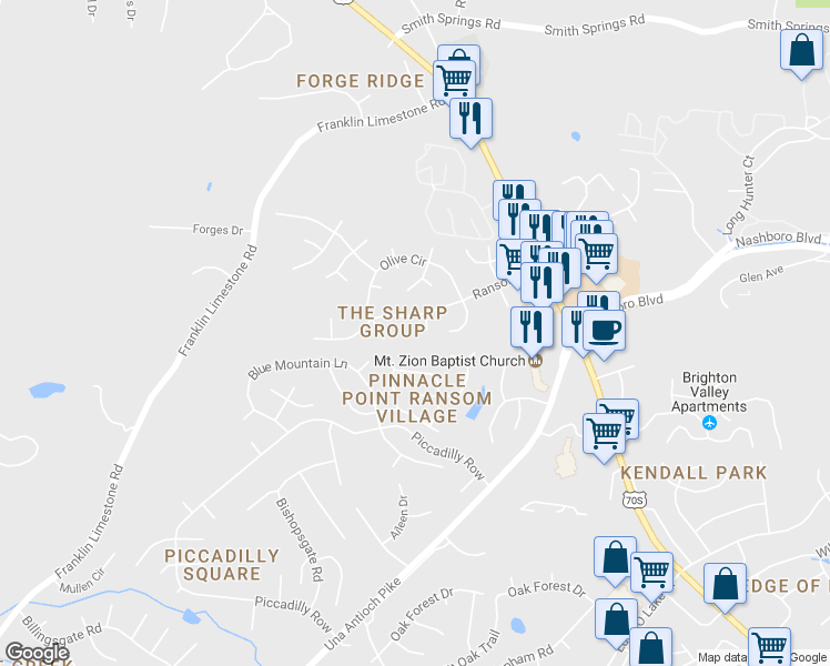 map of restaurants, bars, coffee shops, grocery stores, and more near 308 Alder Court in Nashville