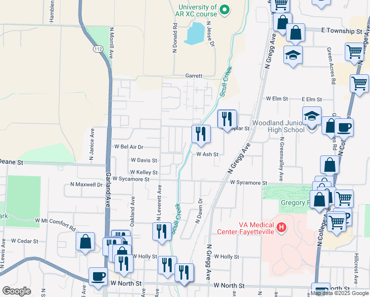 map of restaurants, bars, coffee shops, grocery stores, and more near 1838 North Scull Creek Drive in Fayetteville