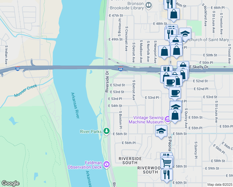 map of restaurants, bars, coffee shops, grocery stores, and more near 32 East 53rd Street in Tulsa