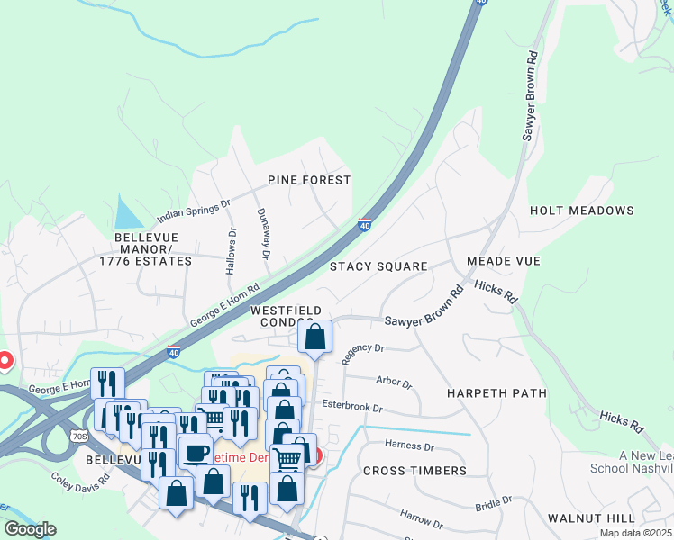 map of restaurants, bars, coffee shops, grocery stores, and more near 255 Colt Drive in Nashville