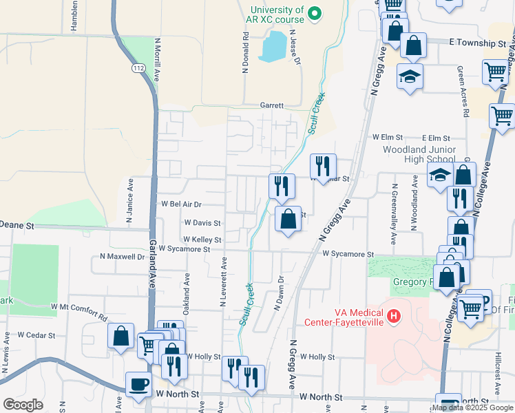 map of restaurants, bars, coffee shops, grocery stores, and more near North Scull Creek Drive in Fayetteville