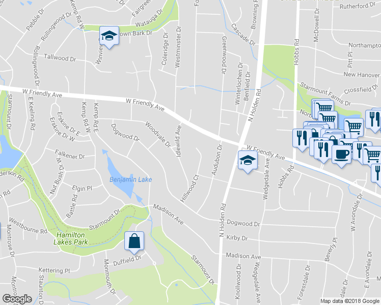 map of restaurants, bars, coffee shops, grocery stores, and more near 527 Hillwood Court in Greensboro