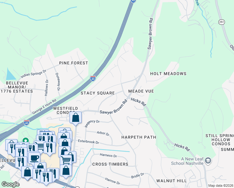 map of restaurants, bars, coffee shops, grocery stores, and more near 7917 Stallion Drive in Nashville