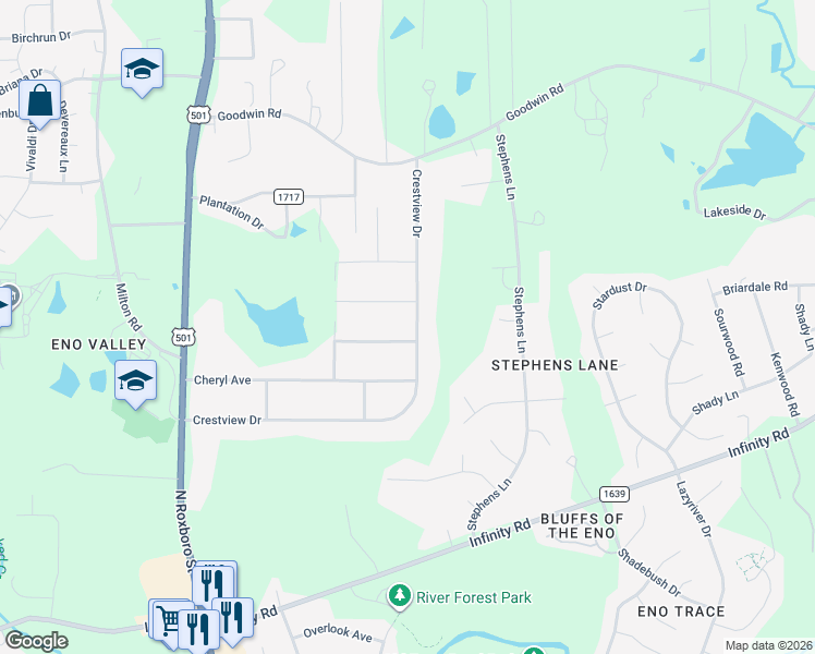 map of restaurants, bars, coffee shops, grocery stores, and more near 504 Crestview Drive in Durham