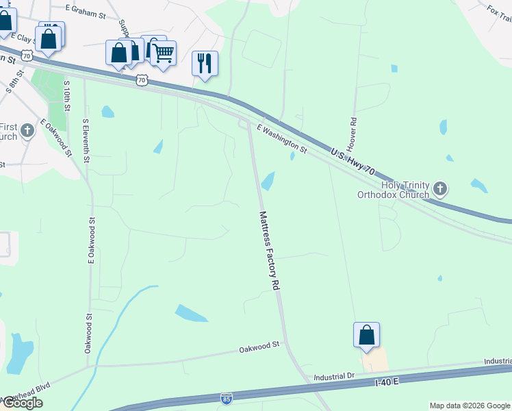 map of restaurants, bars, coffee shops, grocery stores, and more near 411 Mattress Factory Rd in Mebane