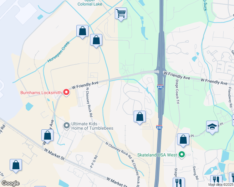 map of restaurants, bars, coffee shops, grocery stores, and more near 7125 West Friendly Avenue in Greensboro