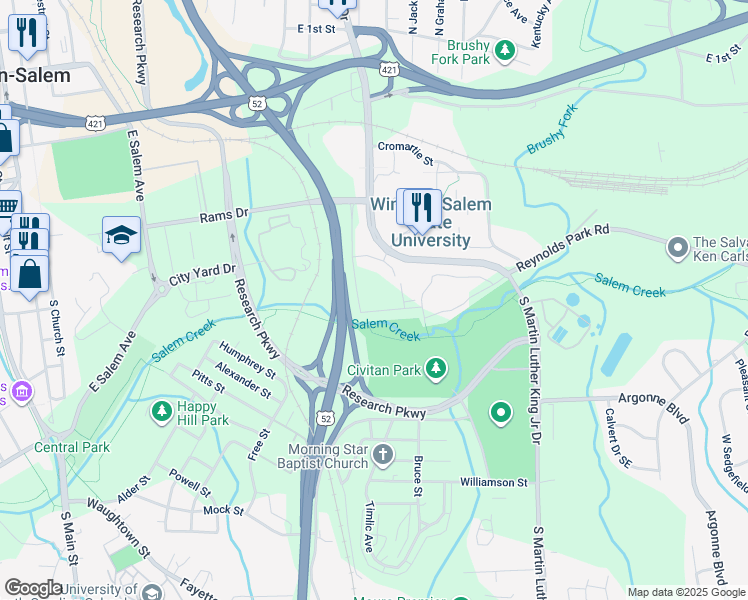 map of restaurants, bars, coffee shops, grocery stores, and more near in Winston-Salem