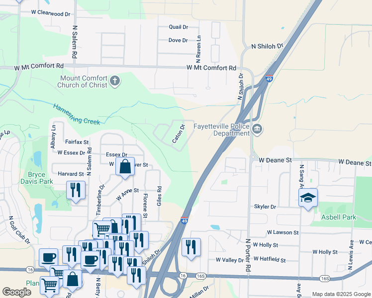 map of restaurants, bars, coffee shops, grocery stores, and more near 1860 Pine Valley Drive in Fayetteville
