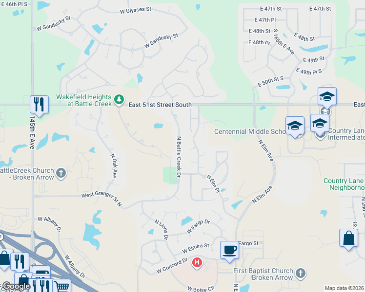 map of restaurants, bars, coffee shops, grocery stores, and more near 3409 North Battle Creek Drive in Broken Arrow
