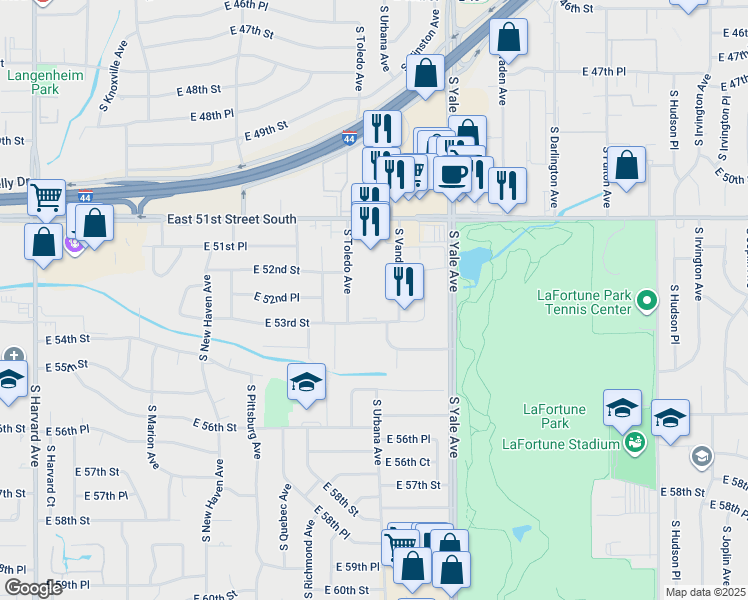 map of restaurants, bars, coffee shops, grocery stores, and more near 5160 South Vandalia Avenue in Tulsa