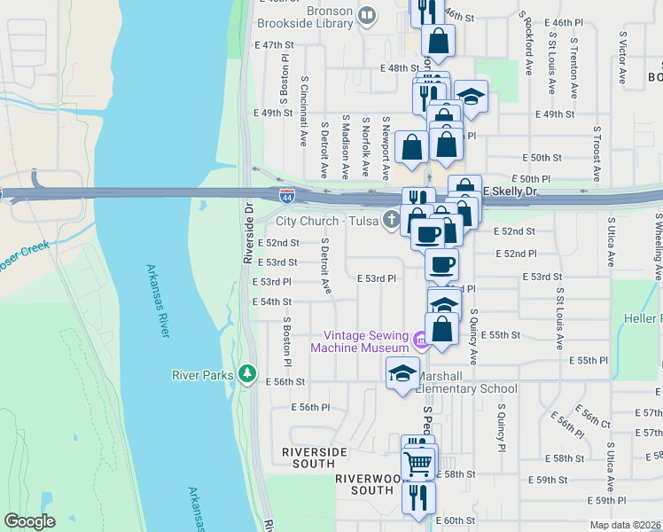 map of restaurants, bars, coffee shops, grocery stores, and more near 5307 S Detroit Ave in Tulsa