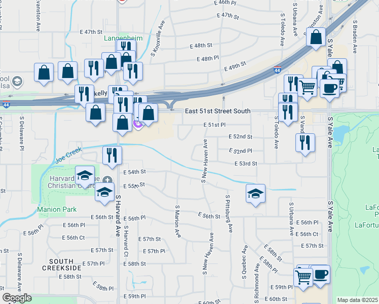map of restaurants, bars, coffee shops, grocery stores, and more near 5234 South Marion Avenue in Tulsa