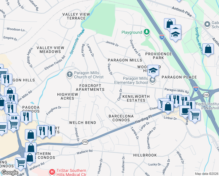 map of restaurants, bars, coffee shops, grocery stores, and more near 4817 Blue Spring Drive in Nashville