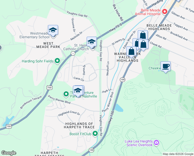 map of restaurants, bars, coffee shops, grocery stores, and more near 215 Cana Cir in Nashville