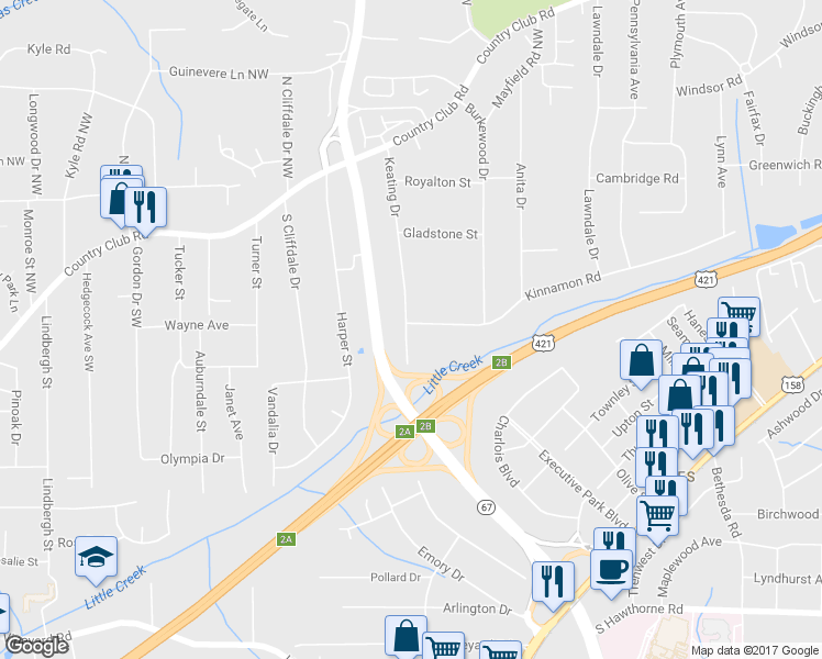 map of restaurants, bars, coffee shops, grocery stores, and more near 3436 Kinnamon Road in Winston-Salem