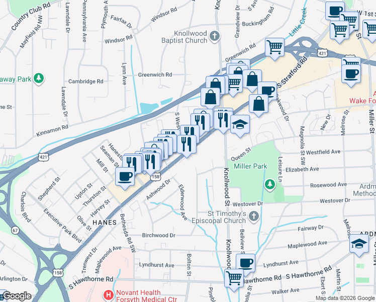 map of restaurants, bars, coffee shops, grocery stores, and more near 736 South Westview Drive in Winston-Salem