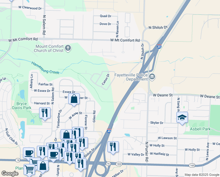 map of restaurants, bars, coffee shops, grocery stores, and more near 1860 Pine Valley Drive in Fayetteville
