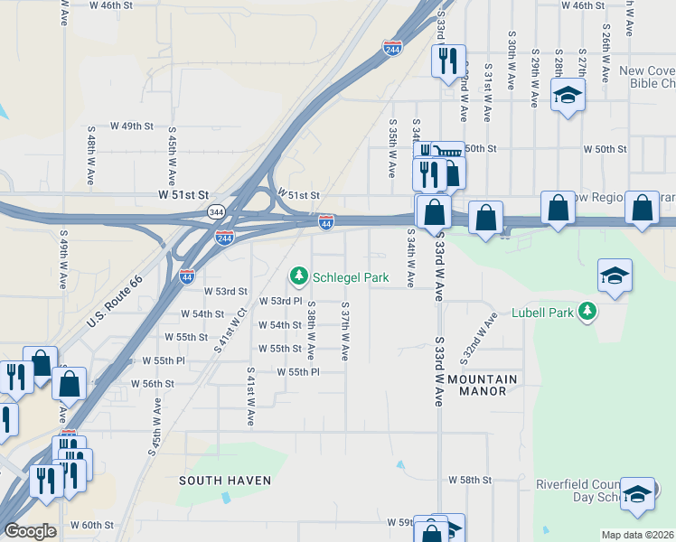 map of restaurants, bars, coffee shops, grocery stores, and more near 3712 West 52nd Place in Tulsa