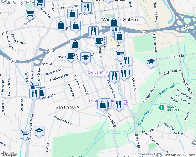 map of restaurants, bars, coffee shops, grocery stores, and more near 600 Poplar Street Southwest in Winston-Salem