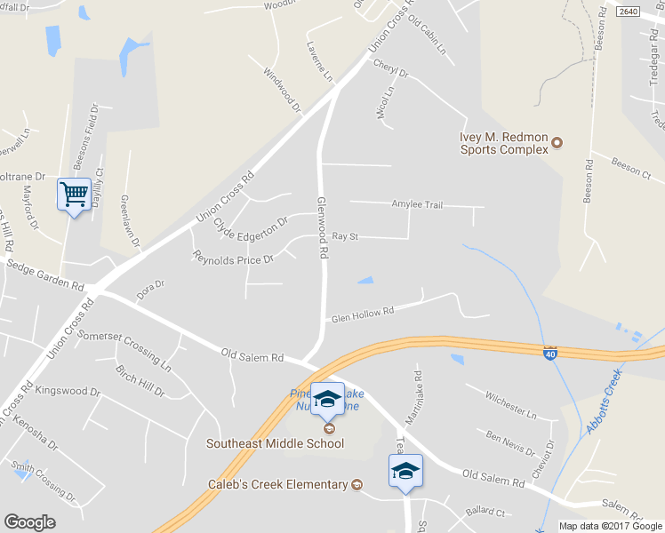 map of restaurants, bars, coffee shops, grocery stores, and more near 1365 Glenwood Road in Kernersville