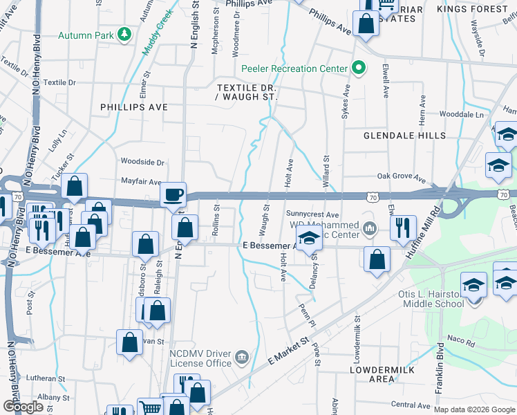 map of restaurants, bars, coffee shops, grocery stores, and more near 621 Waugh Street in Greensboro