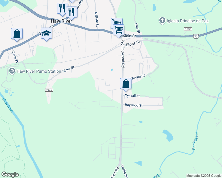 map of restaurants, bars, coffee shops, grocery stores, and more near 641 Black Angus Drive in Haw River