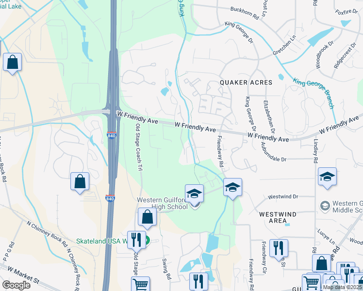 map of restaurants, bars, coffee shops, grocery stores, and more near 6713 Forsythia Drive in Greensboro