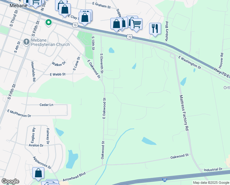map of restaurants, bars, coffee shops, grocery stores, and more near 1027 Winding Spring Drive in Mebane