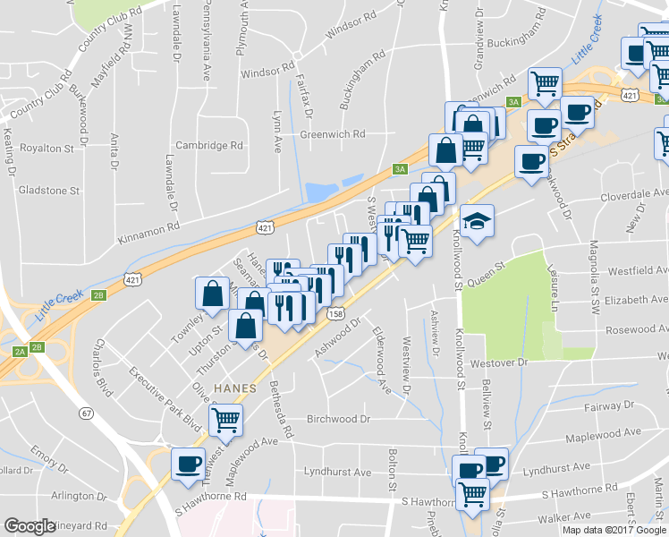 map of restaurants, bars, coffee shops, grocery stores, and more near 698 Mission Road in Winston-Salem