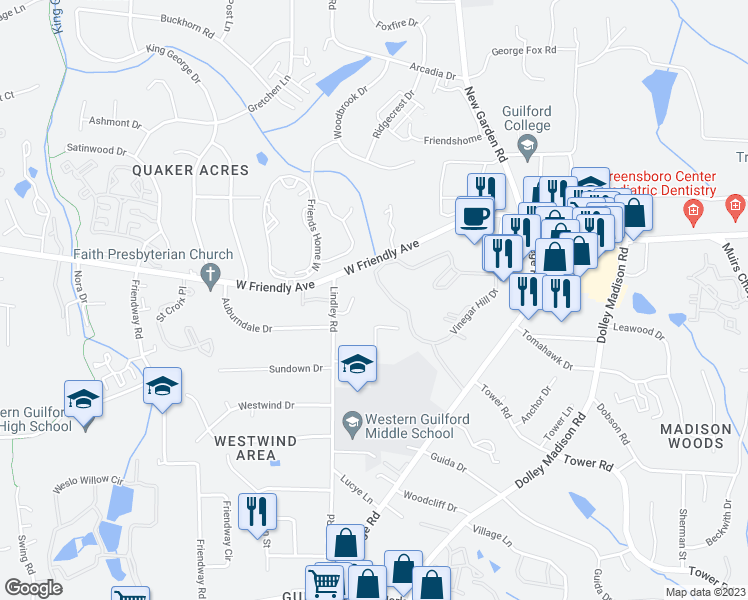 map of restaurants, bars, coffee shops, grocery stores, and more near 528 Lindley Road in Greensboro