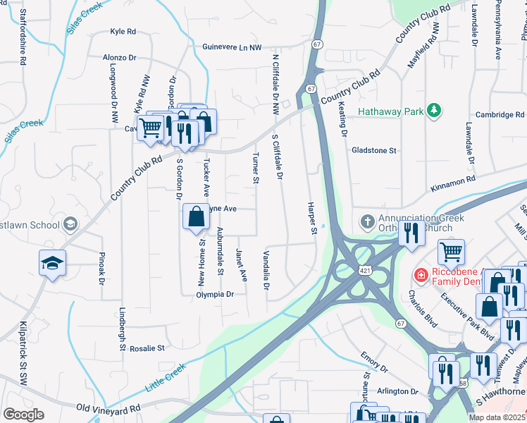map of restaurants, bars, coffee shops, grocery stores, and more near 201 Turner Street in Winston Salem