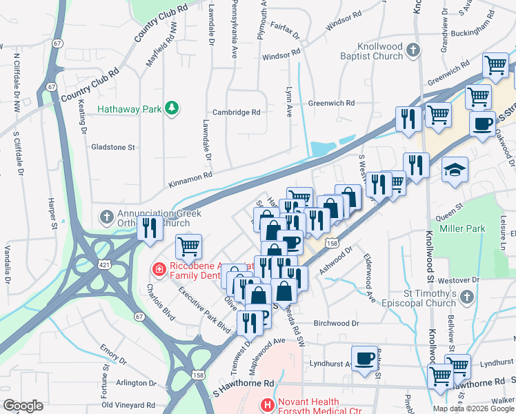 map of restaurants, bars, coffee shops, grocery stores, and more near 406 Seaman Street in Winston-Salem