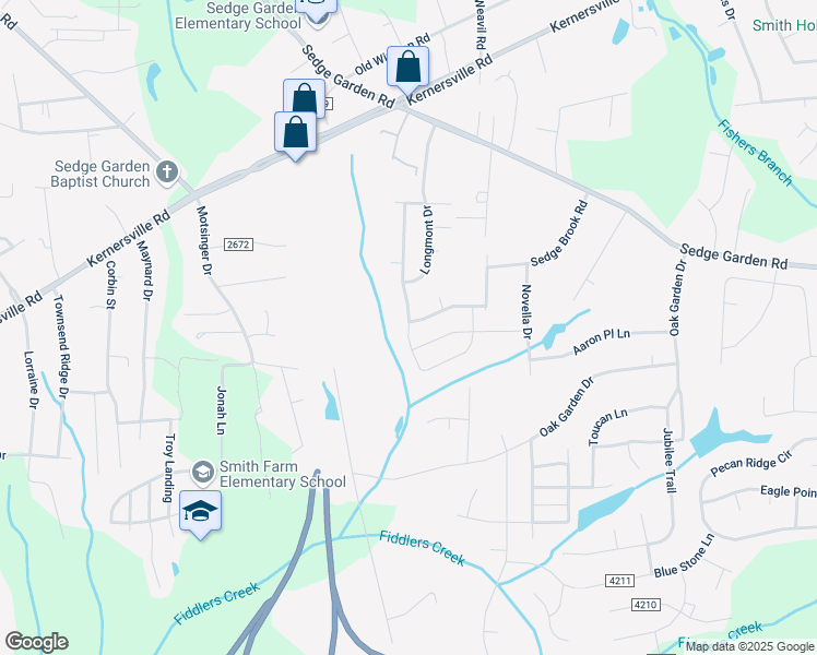 map of restaurants, bars, coffee shops, grocery stores, and more near 2061 Longburn Drive in Kernersville