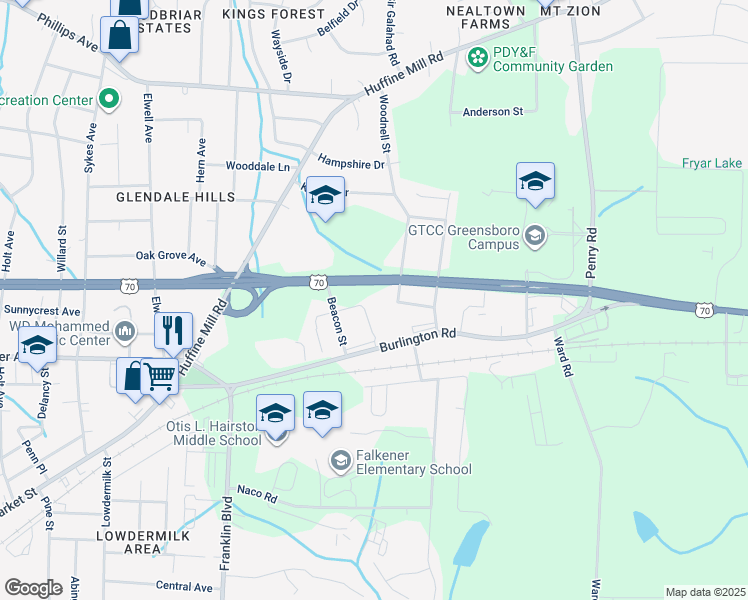 map of restaurants, bars, coffee shops, grocery stores, and more near 3310 Wendover Avenue East in Greensboro