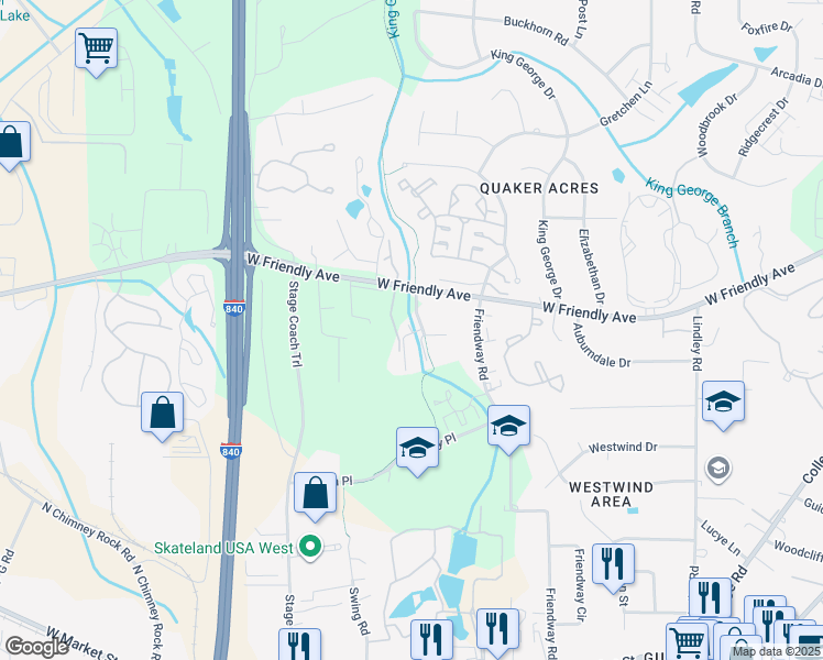 map of restaurants, bars, coffee shops, grocery stores, and more near 6625 Nora Drive in Greensboro