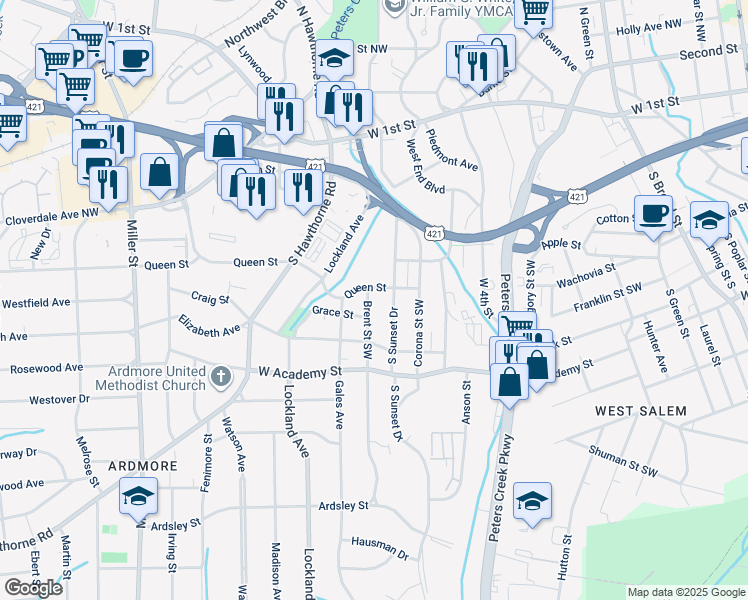 map of restaurants, bars, coffee shops, grocery stores, and more near 413 Brent Street in Winston-Salem