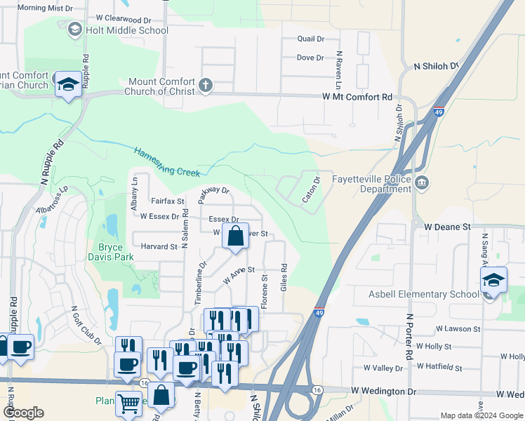 map of restaurants, bars, coffee shops, grocery stores, and more near 1828 North Pine Cone in Fayetteville