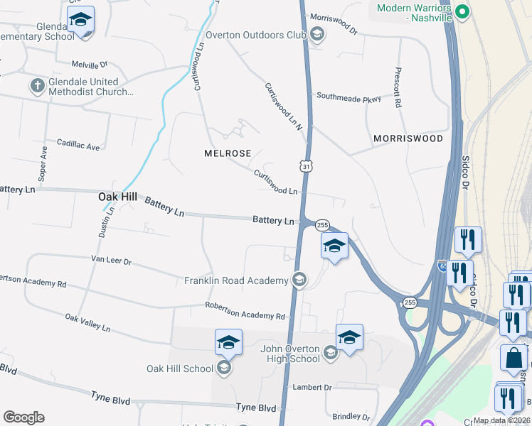 map of restaurants, bars, coffee shops, grocery stores, and more near 808 Battery Lane in Nashville