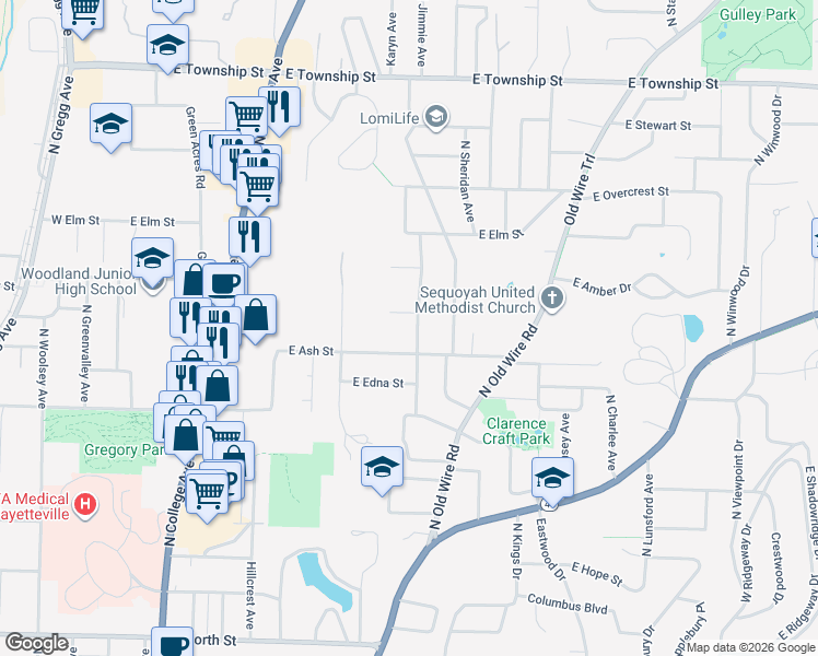 map of restaurants, bars, coffee shops, grocery stores, and more near 1905 North Austin Drive in Fayetteville