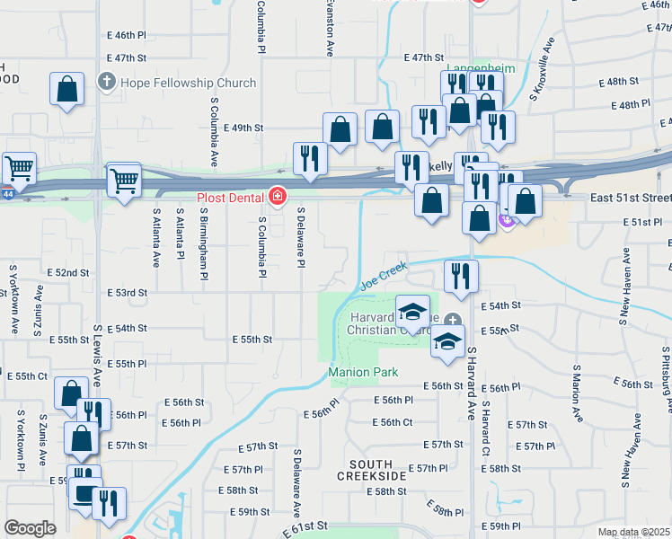 map of restaurants, bars, coffee shops, grocery stores, and more near 2842 East 51st Street in Tulsa
