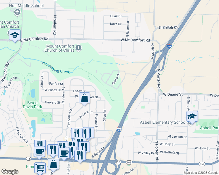 map of restaurants, bars, coffee shops, grocery stores, and more near 2875 Riverridge Drive in Fayetteville
