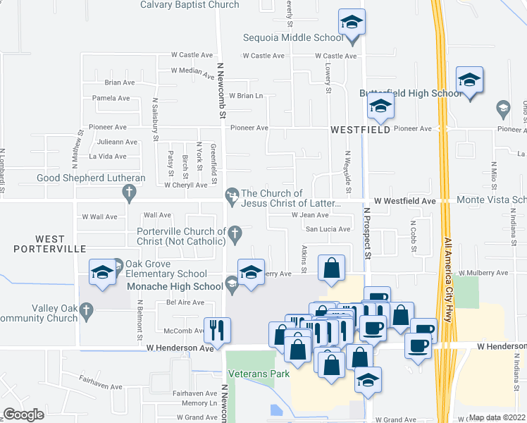 map of restaurants, bars, coffee shops, grocery stores, and more near 1171 Lindale Street in Porterville