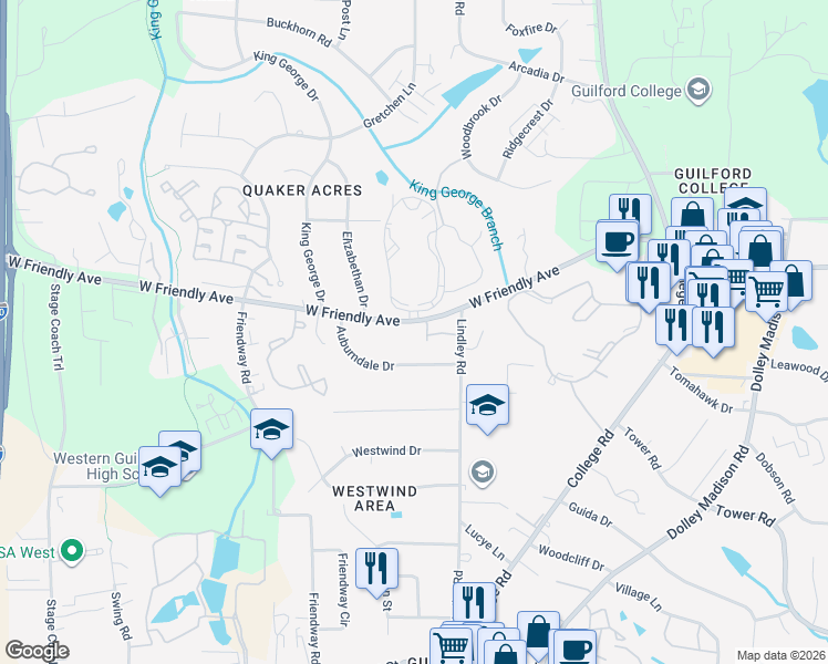 map of restaurants, bars, coffee shops, grocery stores, and more near 6111 West Friendly Avenue in Greensboro